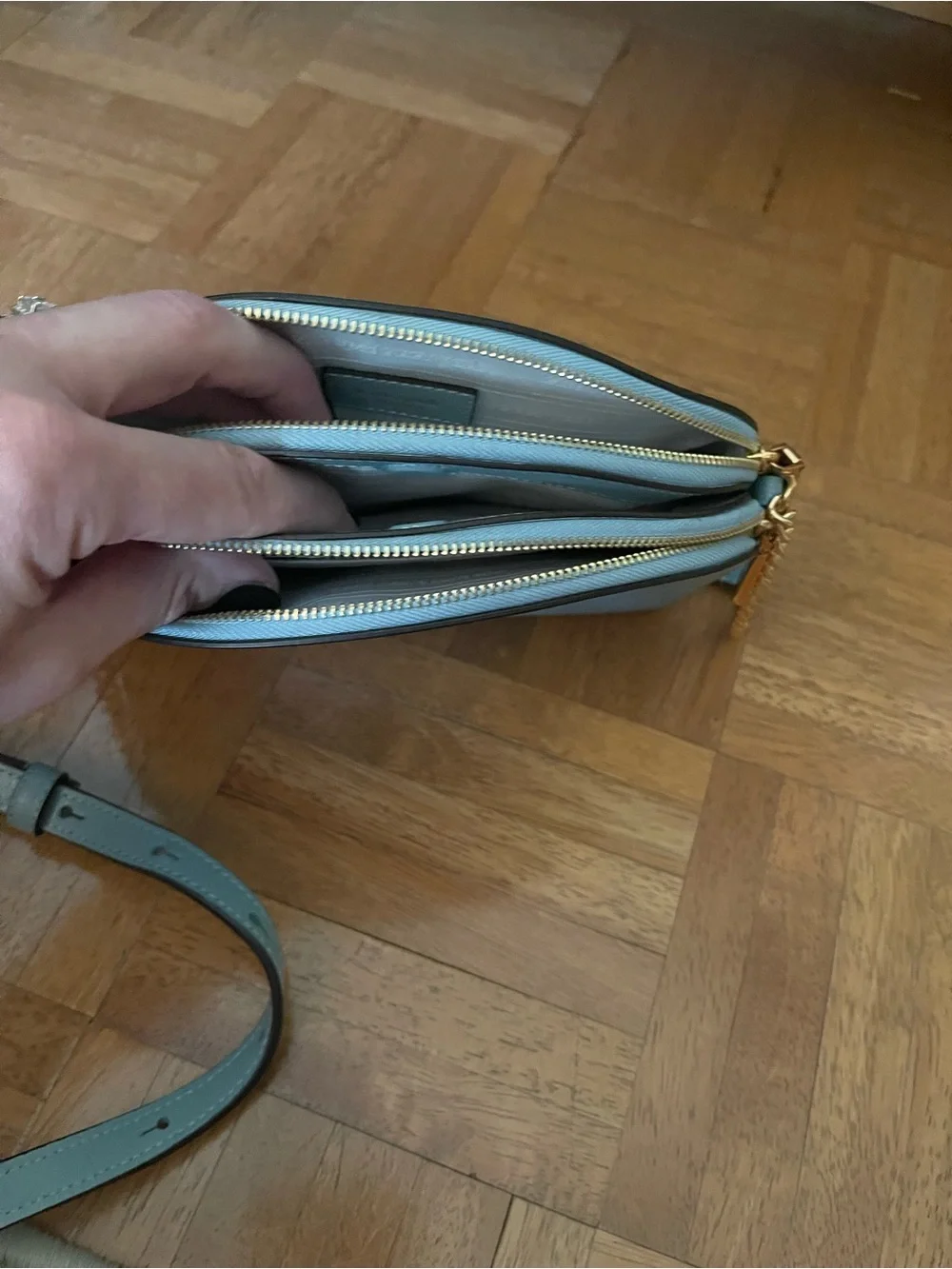 kate spade Light Blue Leather Dome Crossbody with Gold Chain Strap